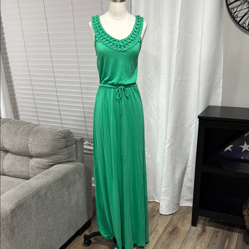 Maxi Dress Tie Waist Green Braided Sleeveless MEDIUM
